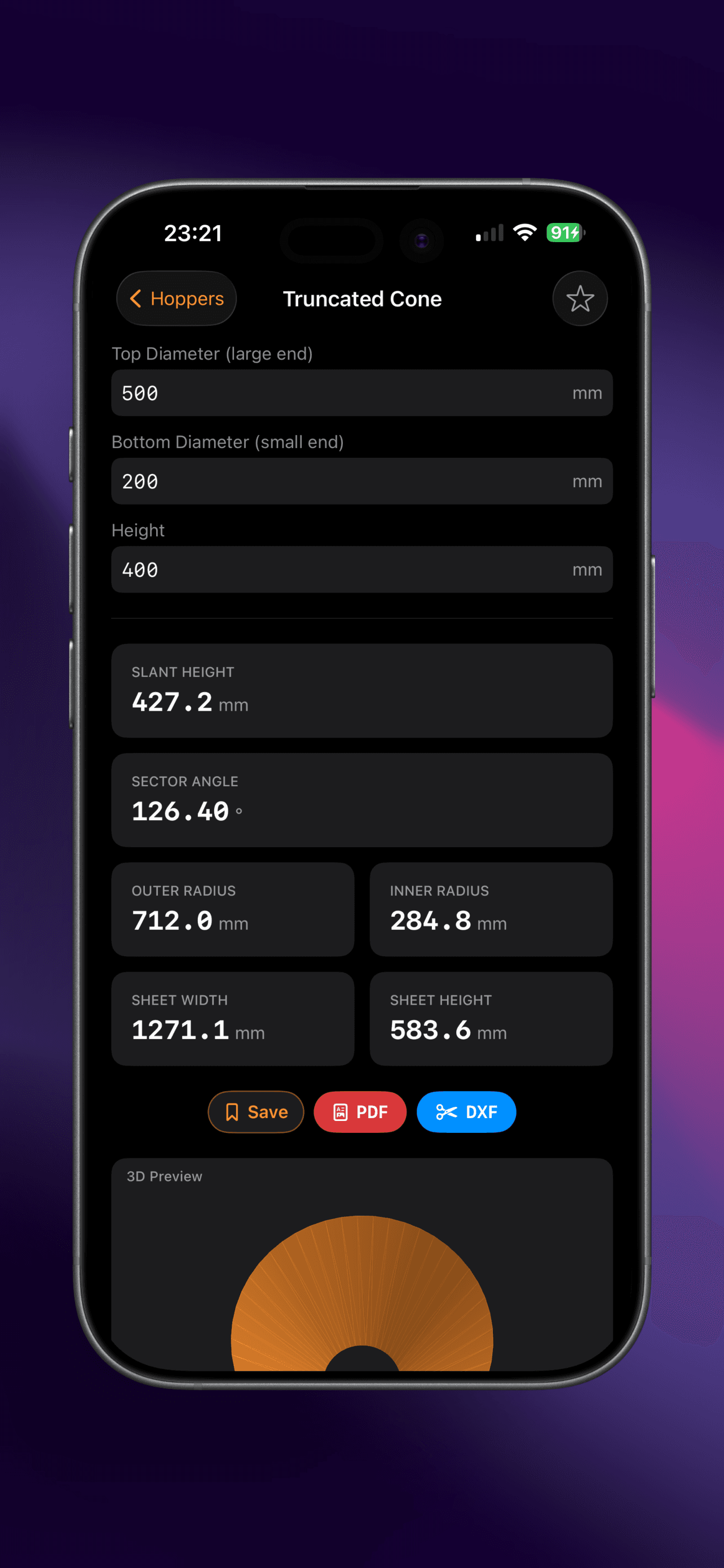 FabricatorPro truncated cone flat pattern calculator